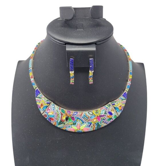 Artisan 925 Sterling Silver Multicolor Micro Mosaic Choker Necklace Earring Set - Picture 1 of 16